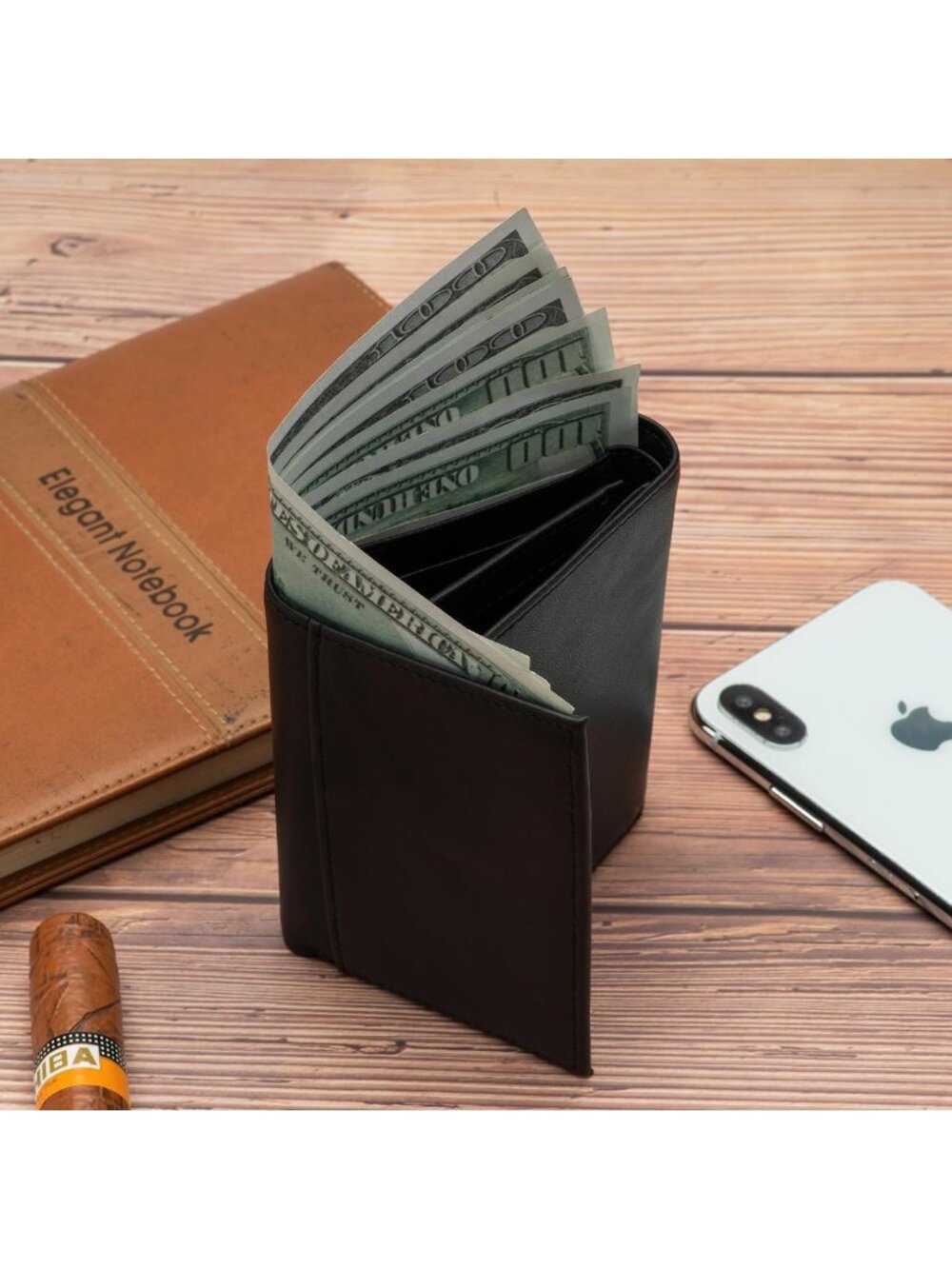 Men's RFID Blocking Trifold Leather Wallet, Genuine Leather, 3 ID Windows, Black - Picture 4 of 6